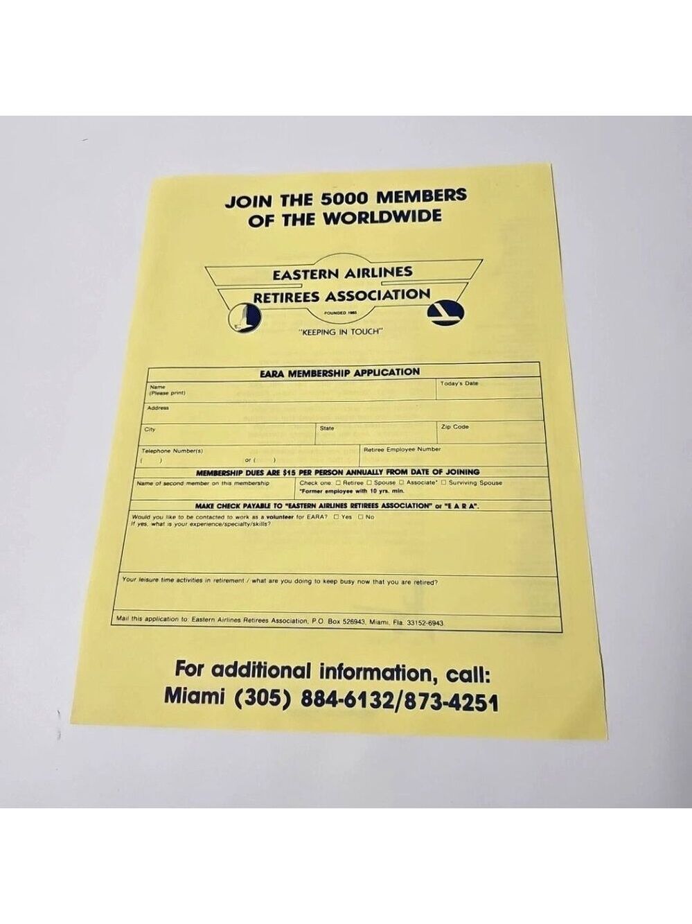 Eastern Airlines Retirees Association BLANK EARA Membership Application Ephemera